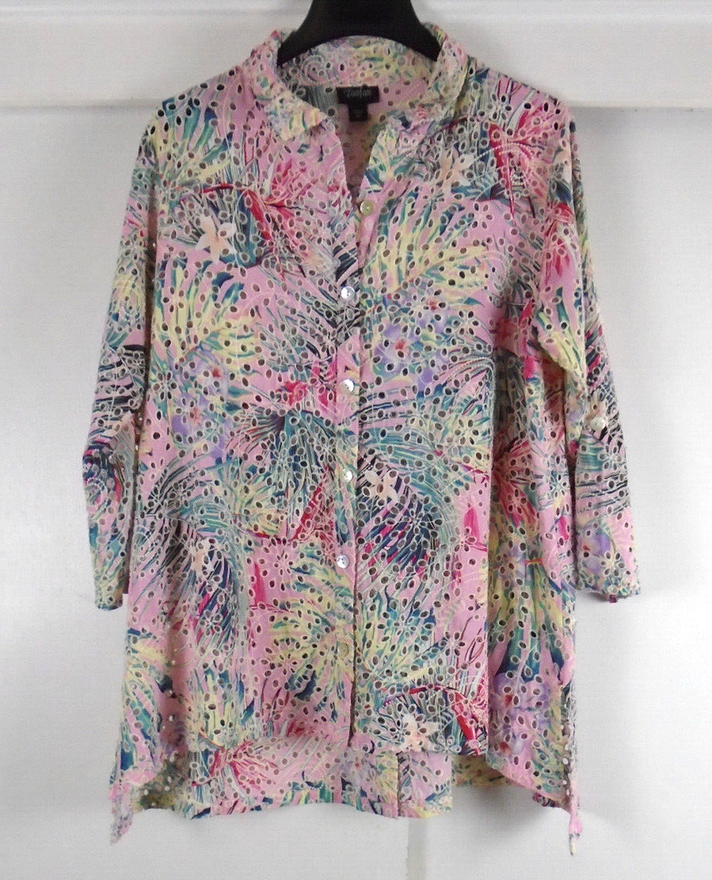 Toofan XL Shirt Lagenlook Roll Tab Sleeve Eyelet Button Up Tropical Artsy Pink